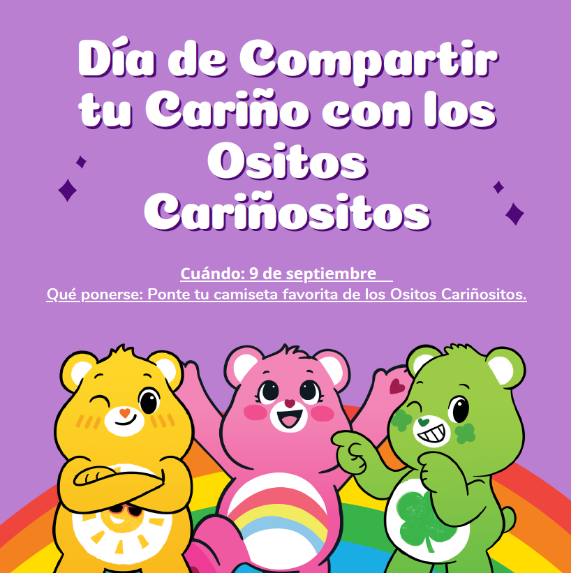A purple graphic advertising Care Bears Share Your Care Day on September 9th, featuring yellow, pink, and green Care Bears.
