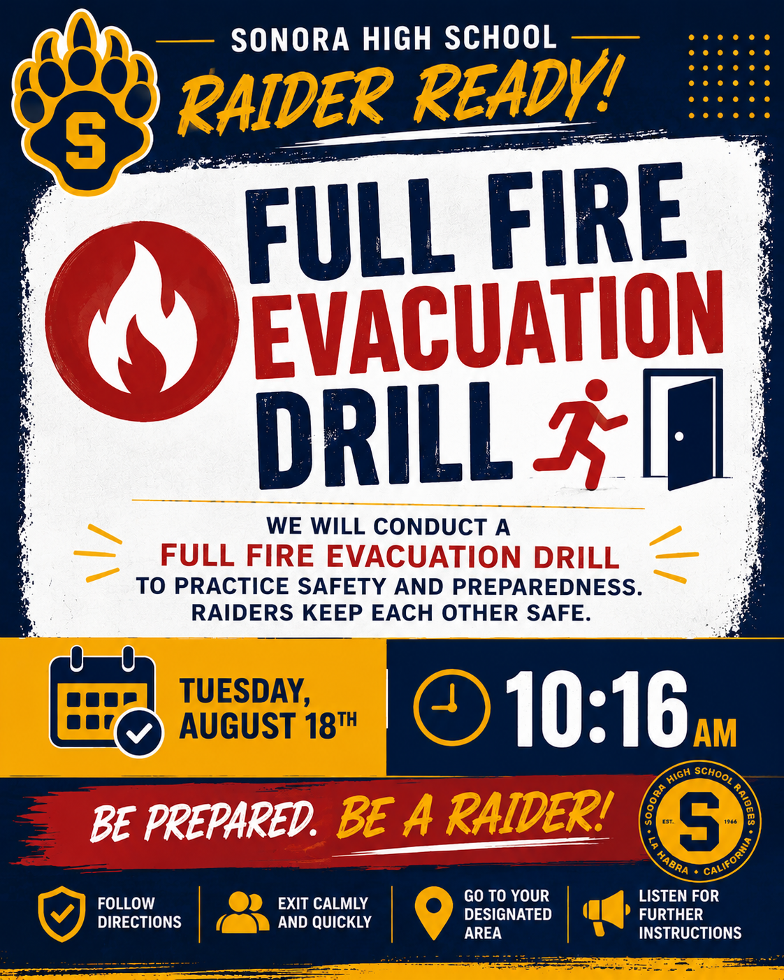 Important Safety Reminder: Fire Evacuation Drill Tuesday at 10:16 AM