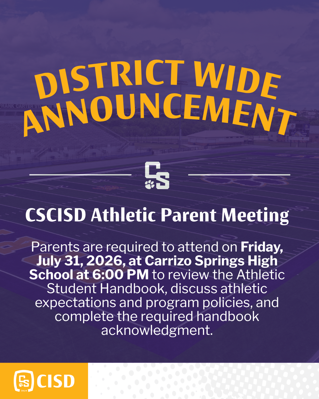 Reminder for Athletic Parent Meeting