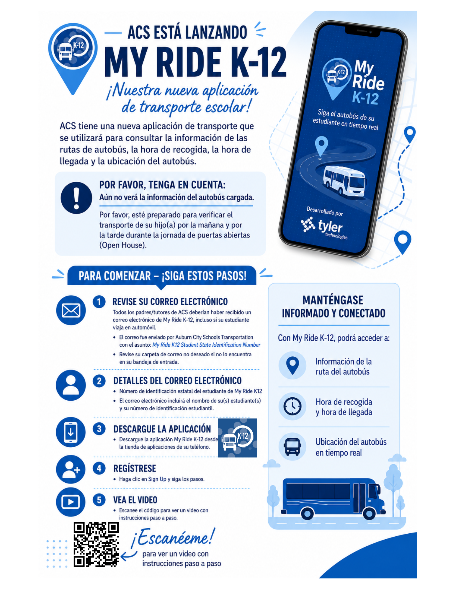 An infographic announces the launch of the 'My Ride K-12' school transportation app by ACS, with instructions and benefits.