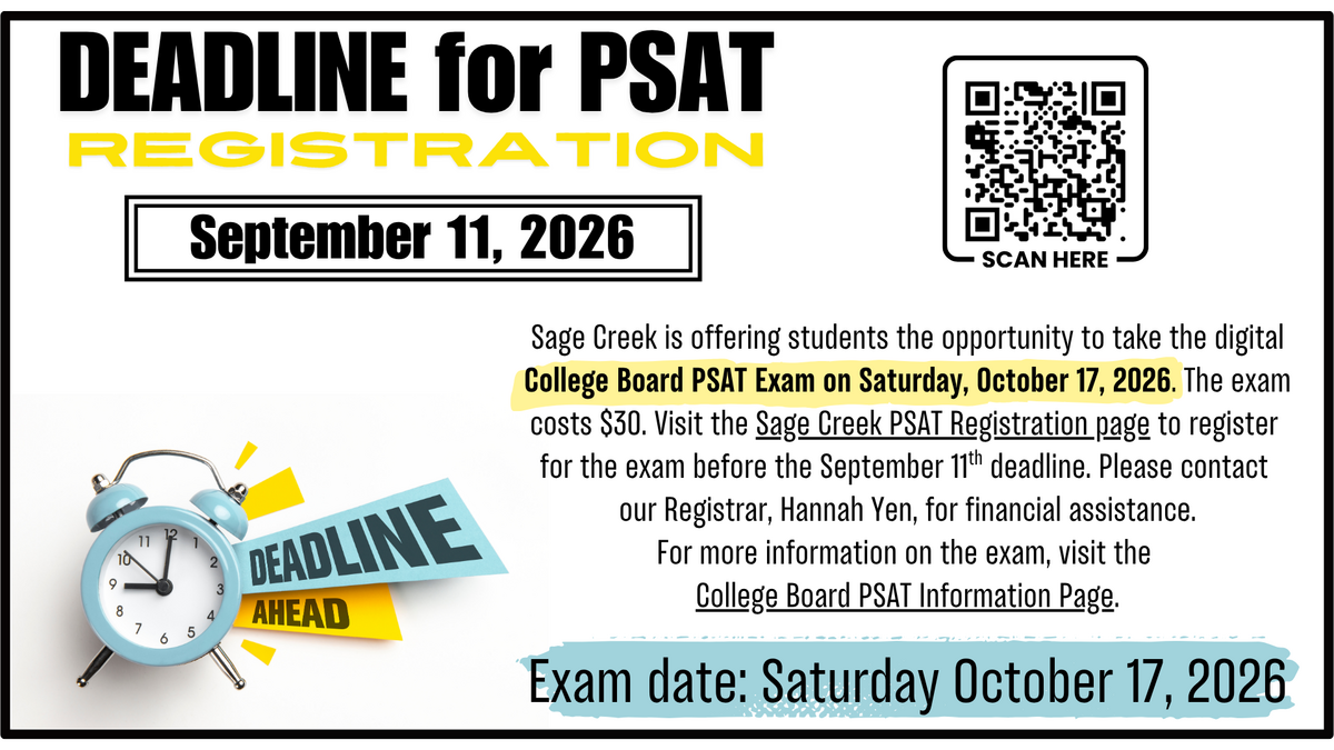2026 PSAT/NMSQT Exam Registration Information!  REGISTRATION DEADLINE: September 11th, 2026.  Register Early!! 