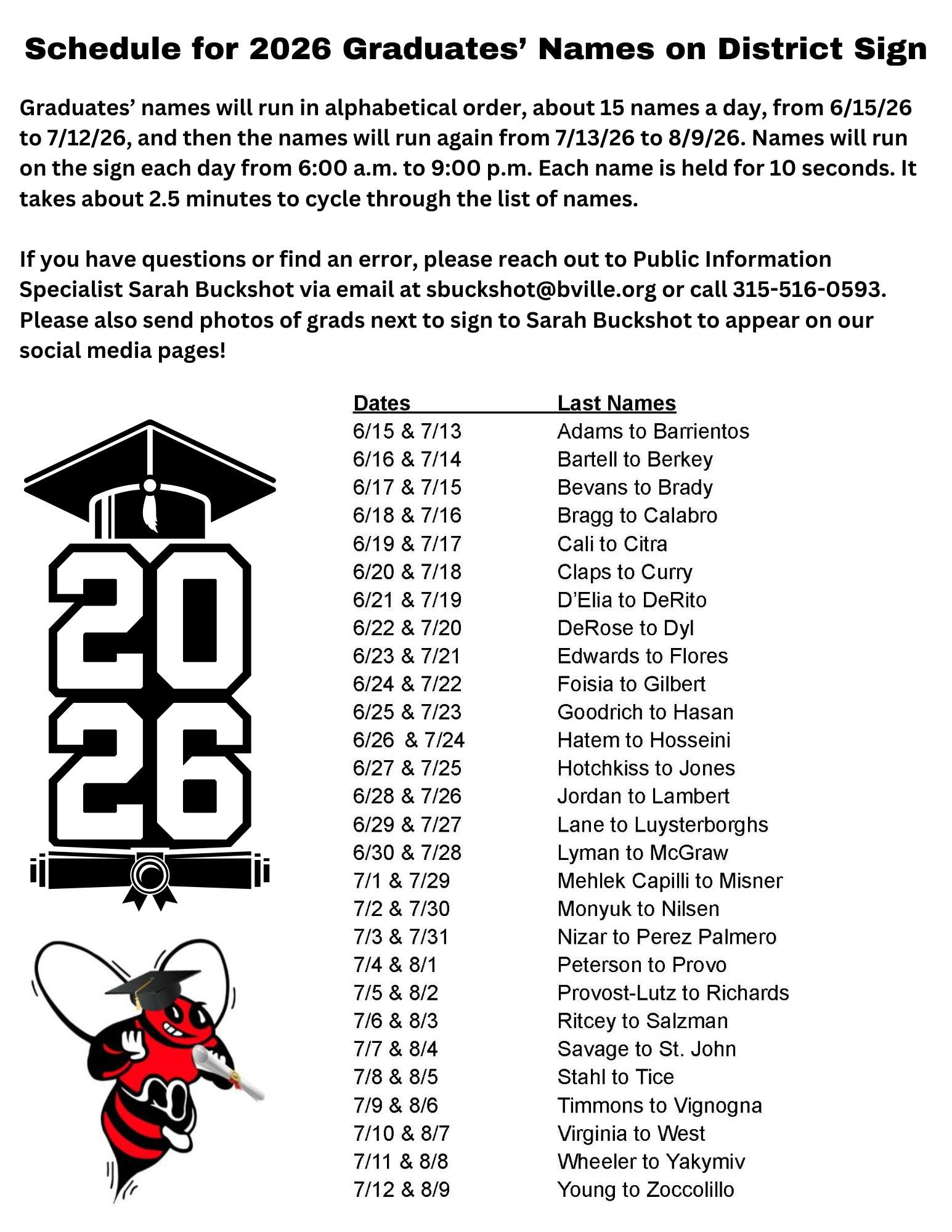 Your Name in Lights! Class of 2026 Sign Schedule