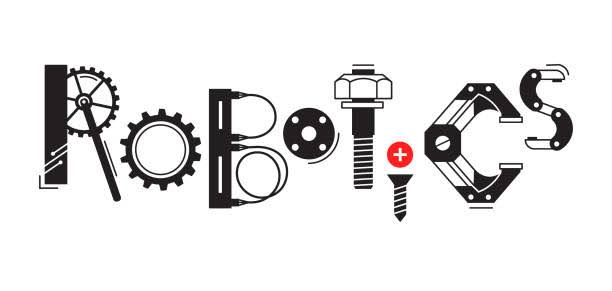 A creative black and white graphic spells out the word "Robotics" using mechanical parts like gears, bolts, and circuit elements.
