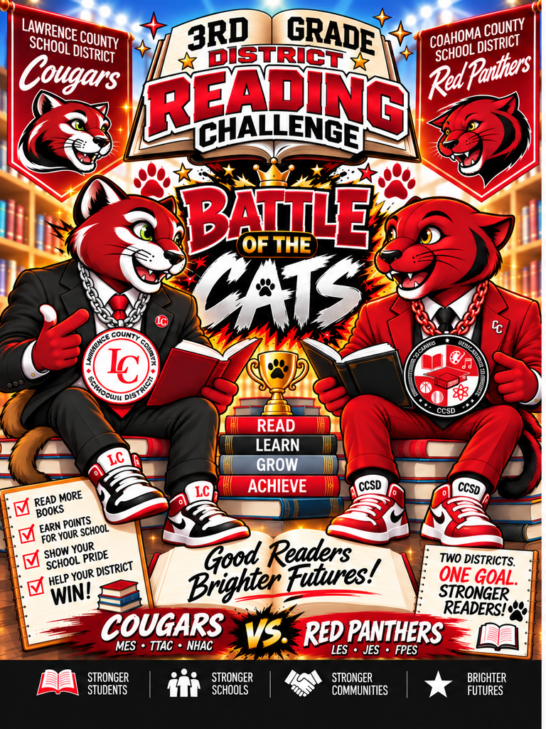 A promotional poster for the 3rd Grade District Reading Challenge featuring two competing cat mascots.