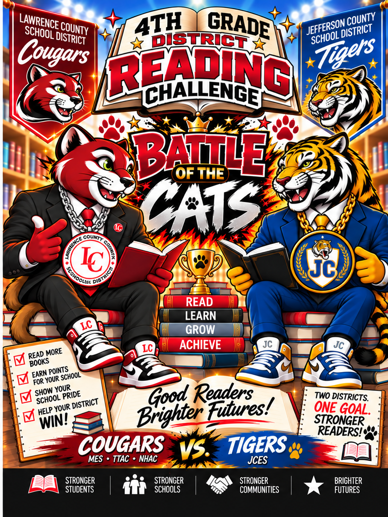 A colorful promotional poster for the 4th Grade District Reading Challenge featuring two mascots, a red cat and a tiger.