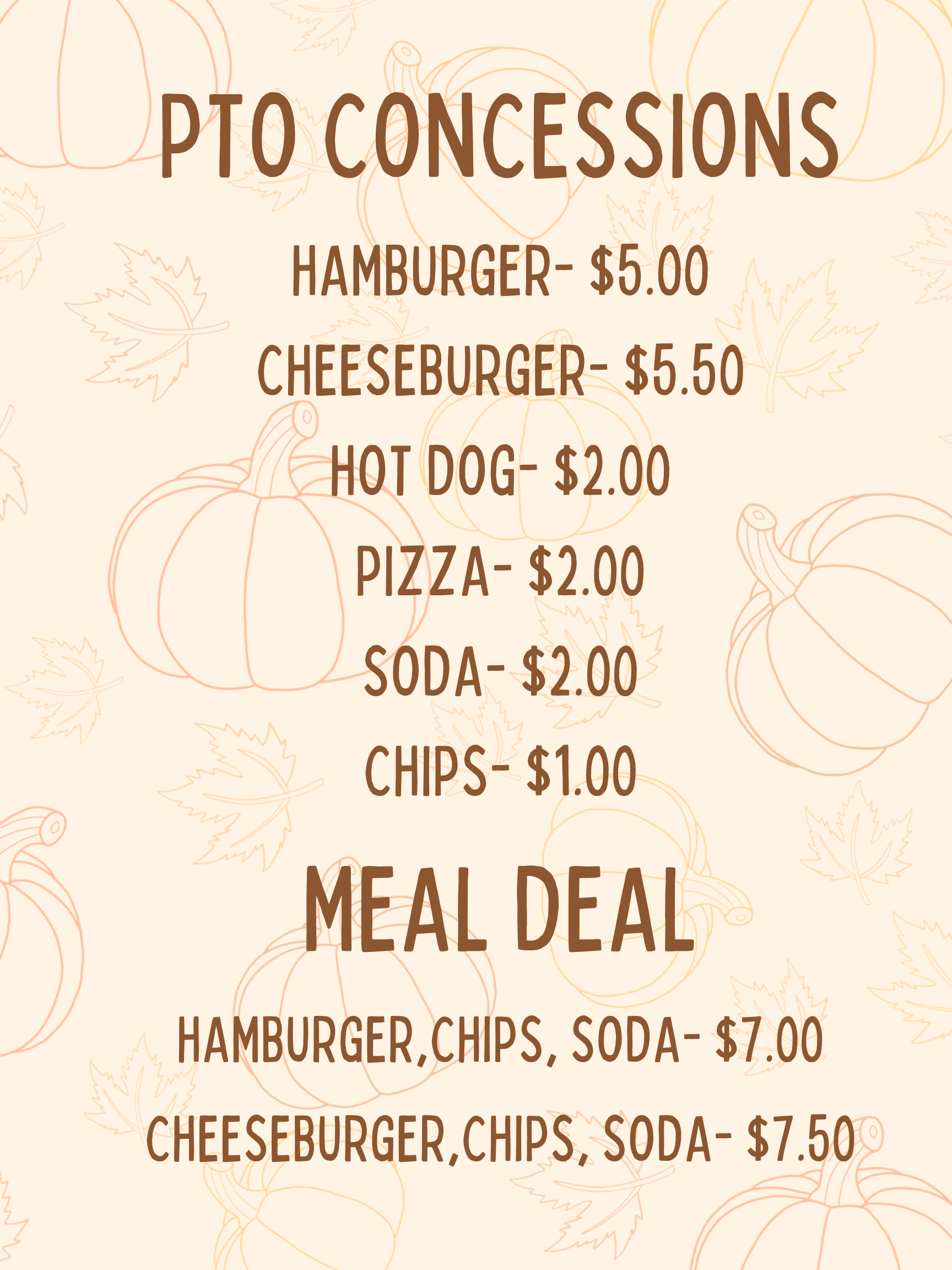 A digital flyer with an autumn theme lists concession items and prices, featuring a background of pumpkins and leaves.