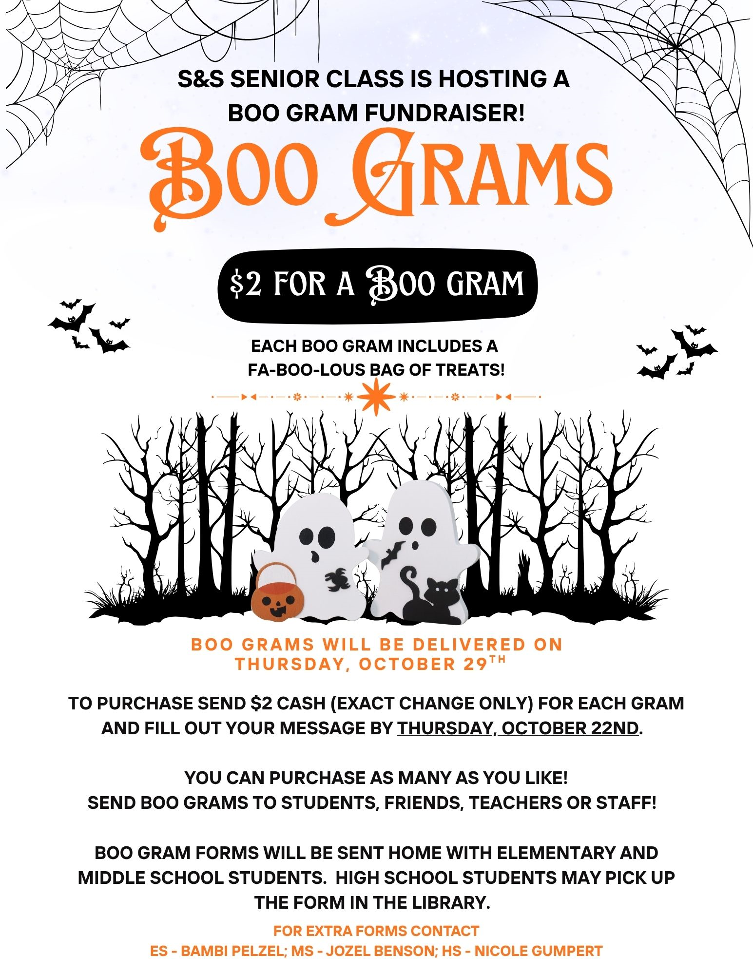 A Halloween-themed flyer for a S&S Senior Class Boo Gram fundraiser, costing $2 each.