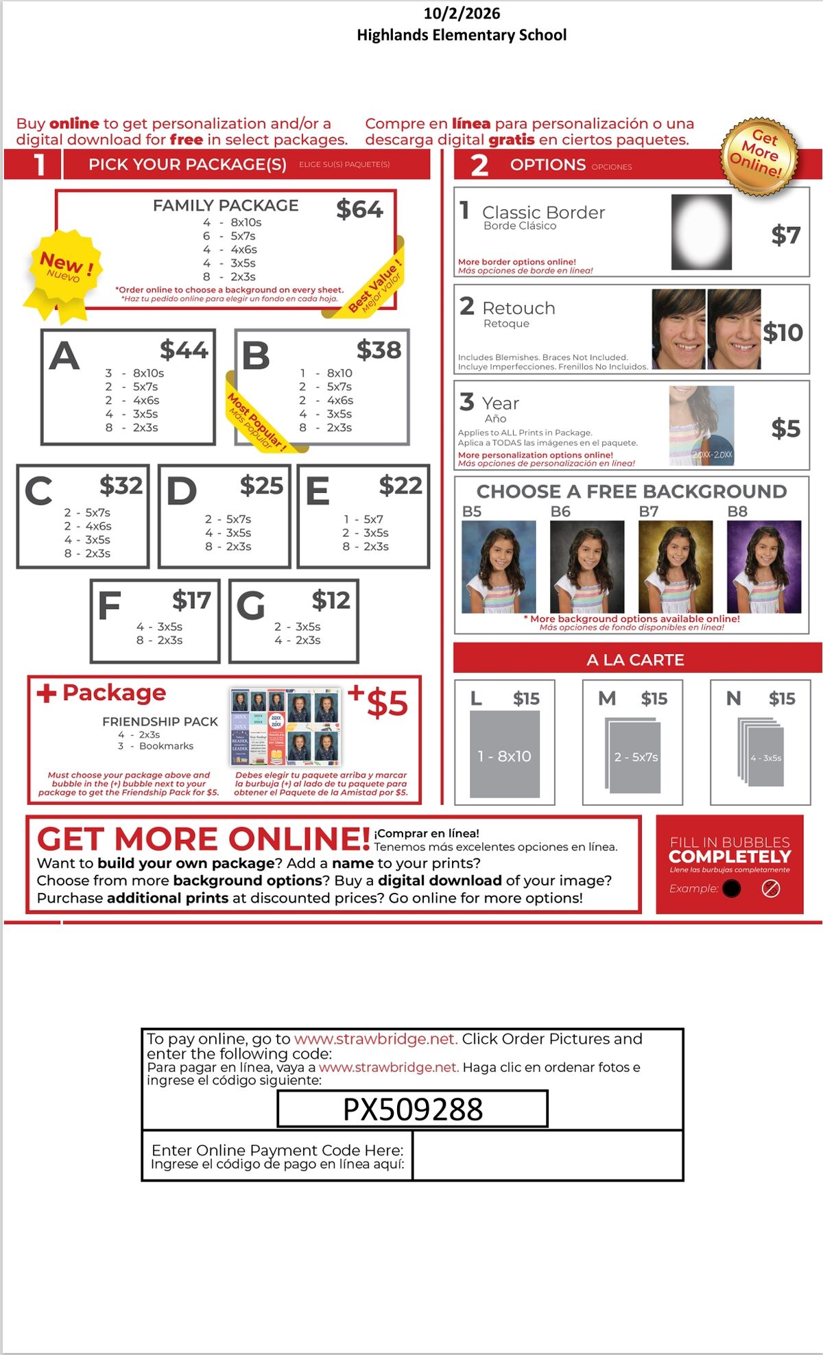 A school picture day order form showing various photo packages, options, and a-la-carte prints with pricing.