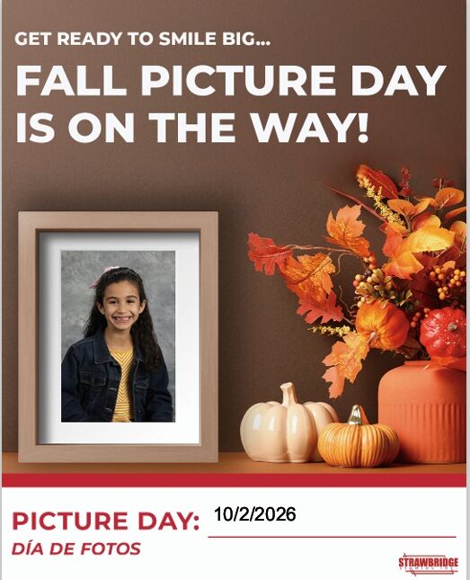 Promotional flyer for Fall Picture Day with a framed school portrait, pumpkins, and autumn leaves.