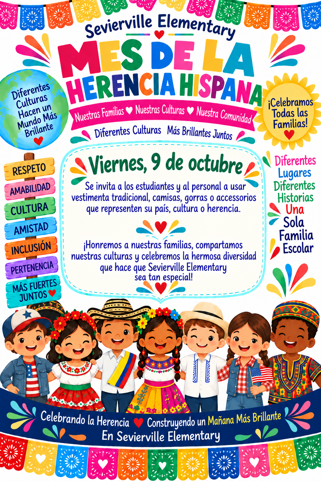 A colorful flyer for Hispanic Heritage Month at Sevierville Elementary, featuring cheerful cartoon children in traditional attire and festive banners.