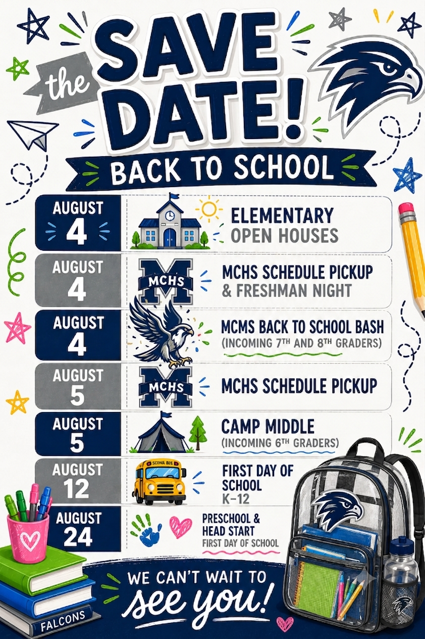A 'Save the Date! Back to School' graphic lists August events including elementary open houses, schedule pickups, and the first day of school.