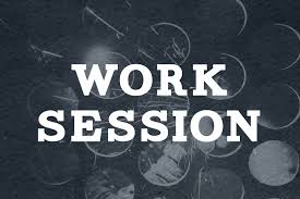 The words "WORK SESSION" are displayed in large white text on a dark, textured background.