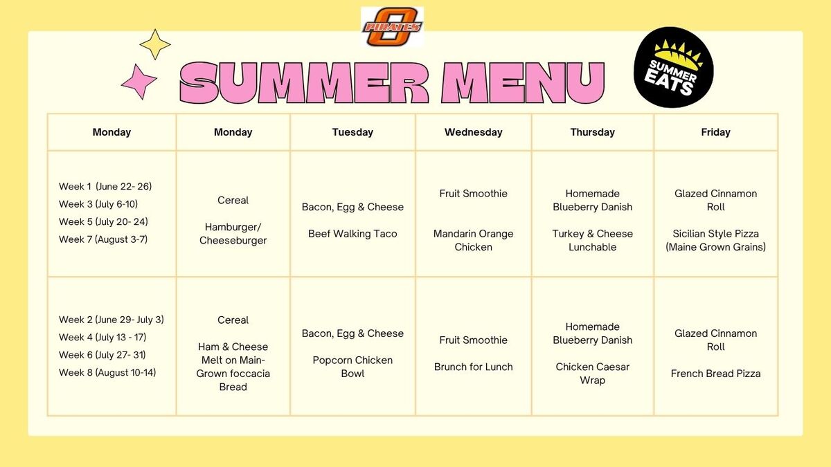 A summer menu chart displays weekly meal options from Monday to Friday, including items like cereal, pizza, and fruit smoothies.