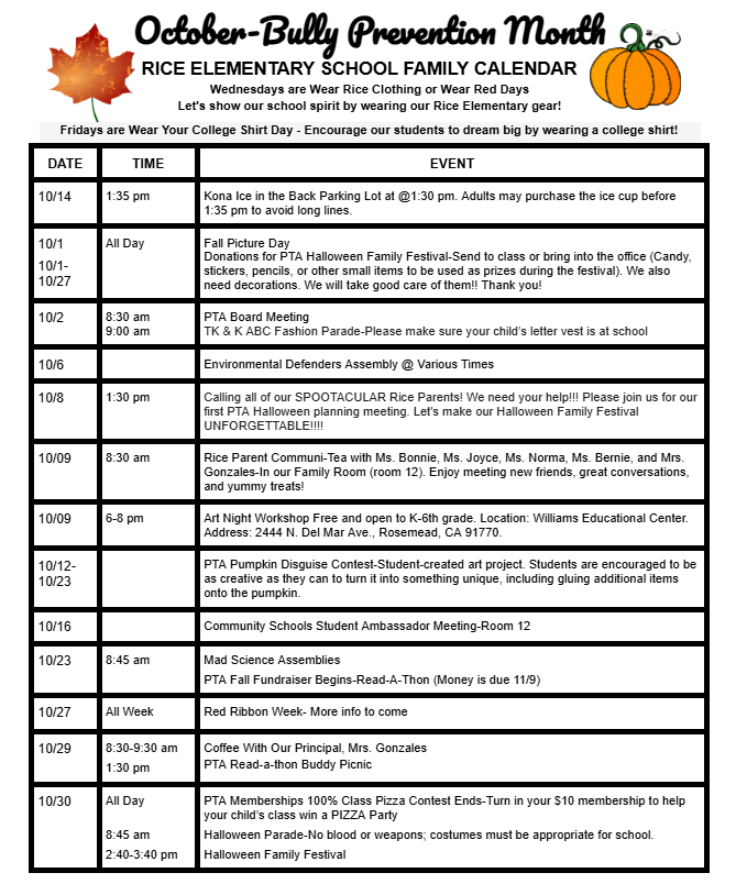 October Parent Calendar 