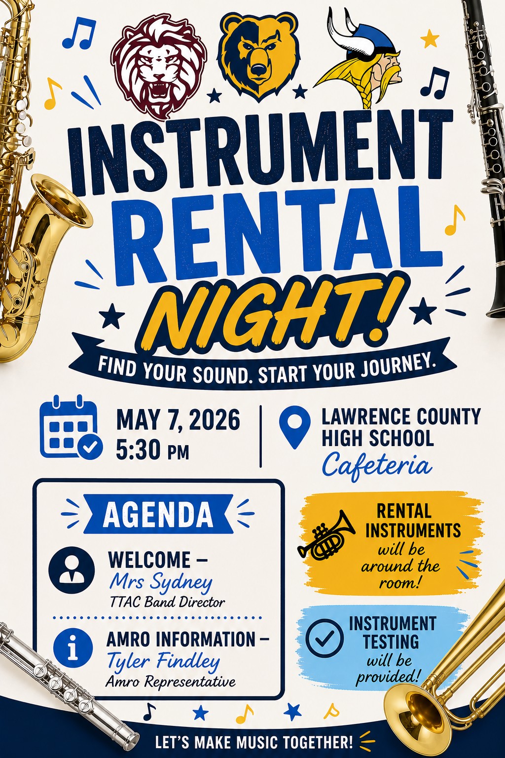 Poster for Instrument Rental Night at Lawrence County High School on May 7, 2026, at 5:30 PM.
