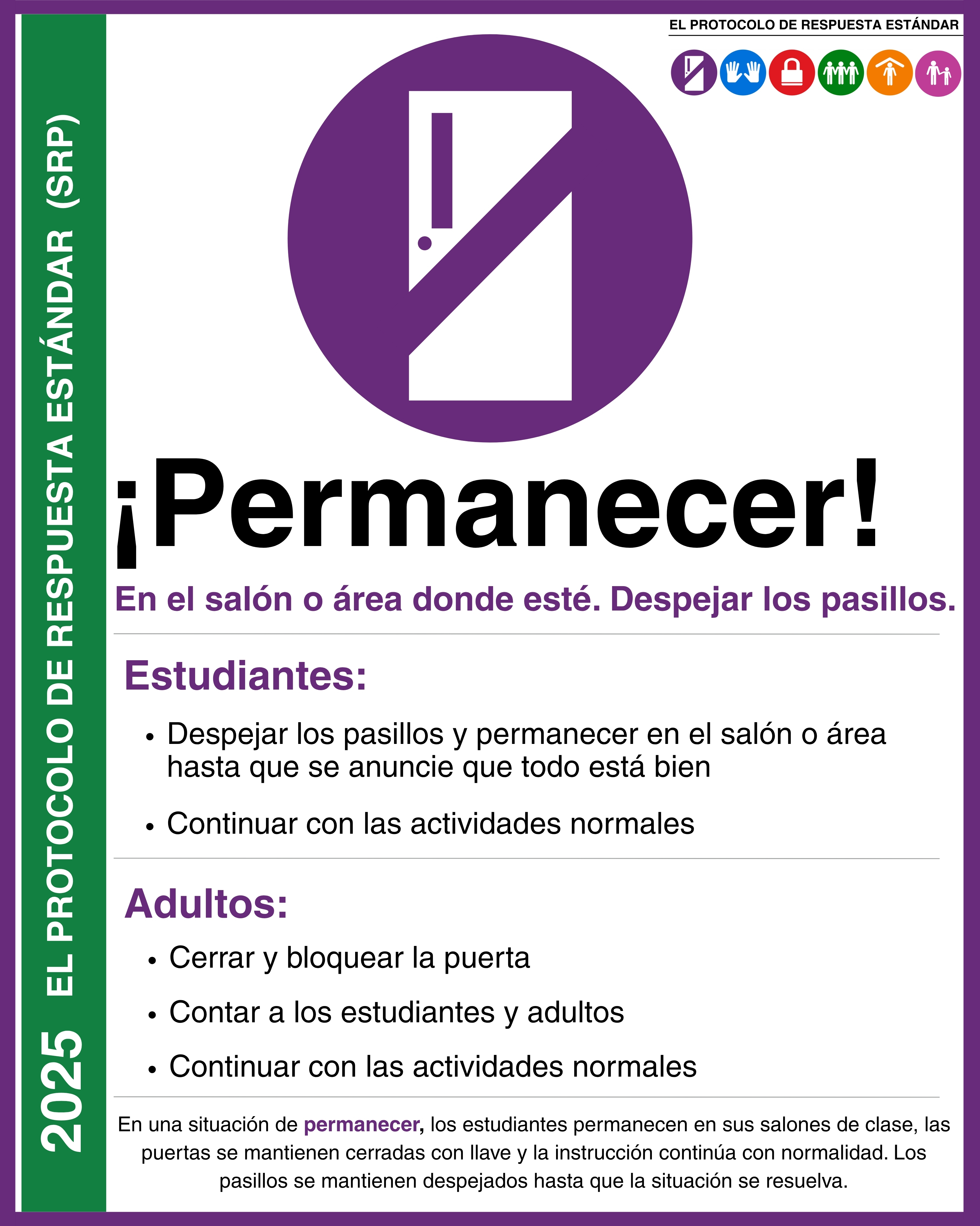 A Spanish instructional poster for the Standard Response Protocol, featuring the action '¡Permanecer!' with guidelines for students and adults.