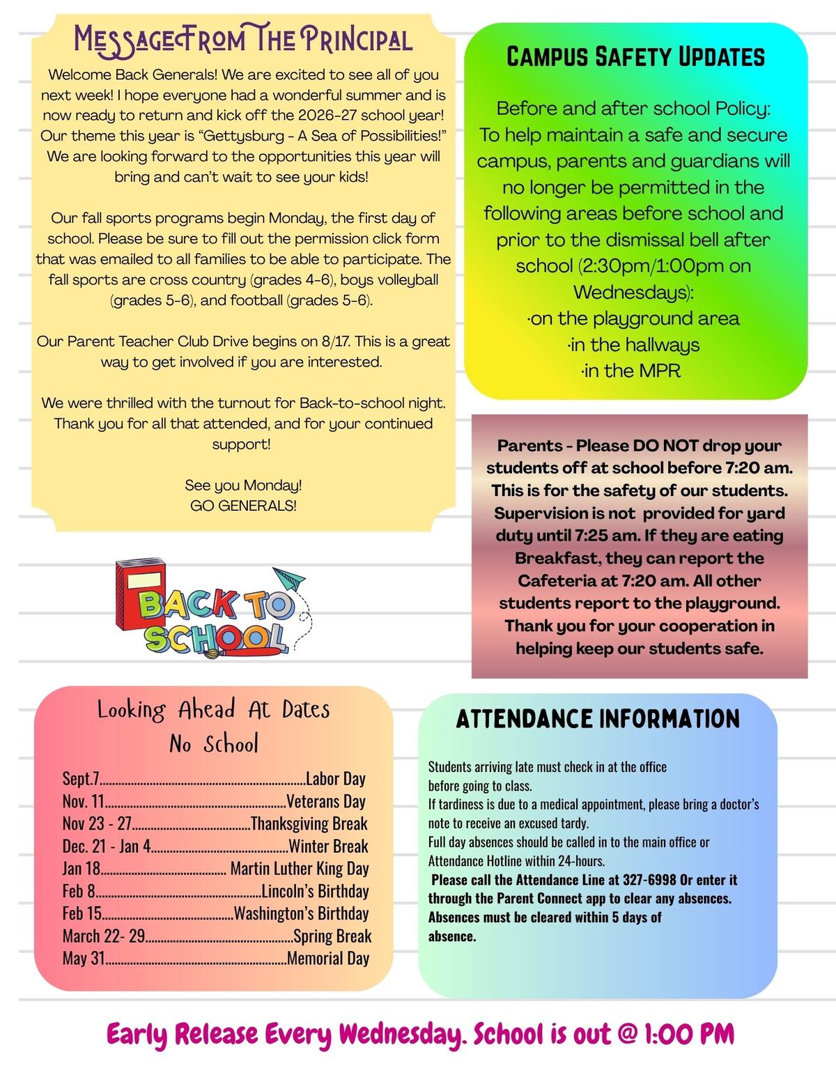 A school newsletter with sections on principal's message, campus safety, upcoming dates, and attendance information.