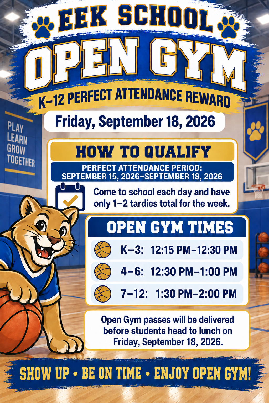 Open Gym Attendance Reward for Friday, September 18, 2026 for K-12 Students