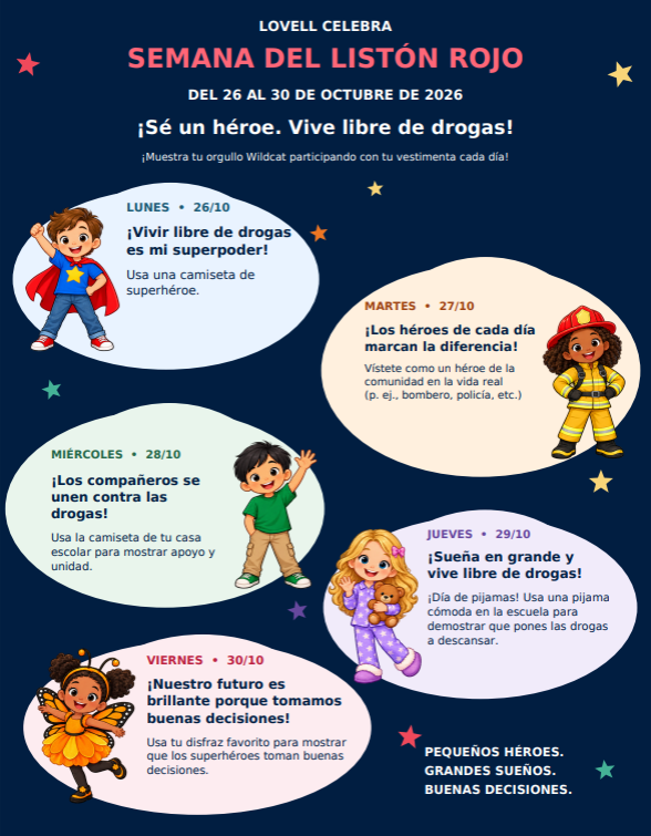 A school flyer in Spanish for Red Ribbon Week from October 26-30, 2026, featuring daily dress-up themes for students.
