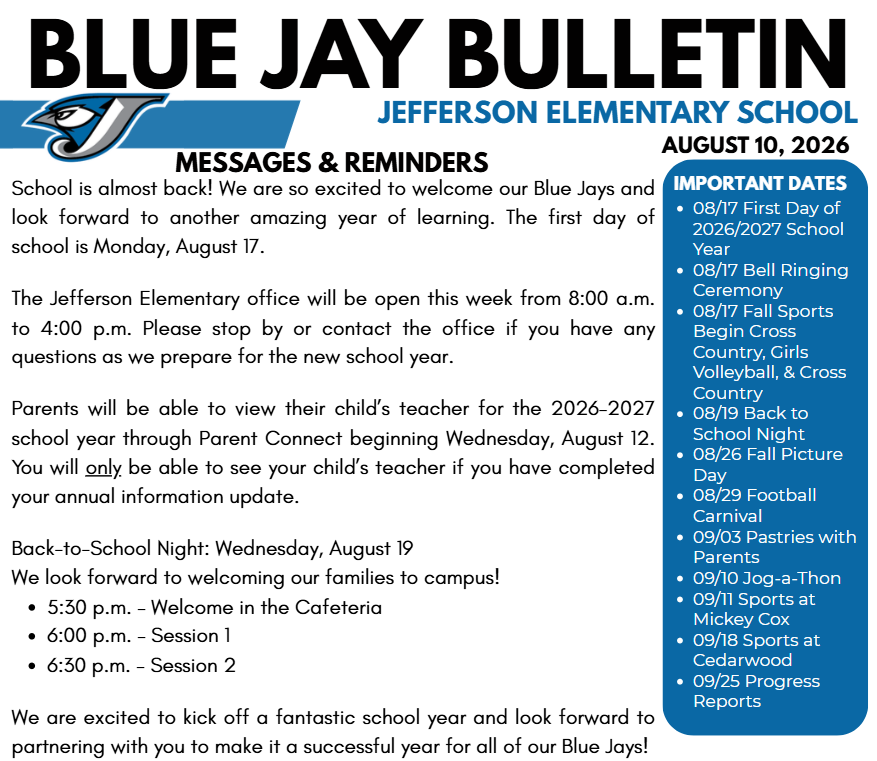 Back to School Information 