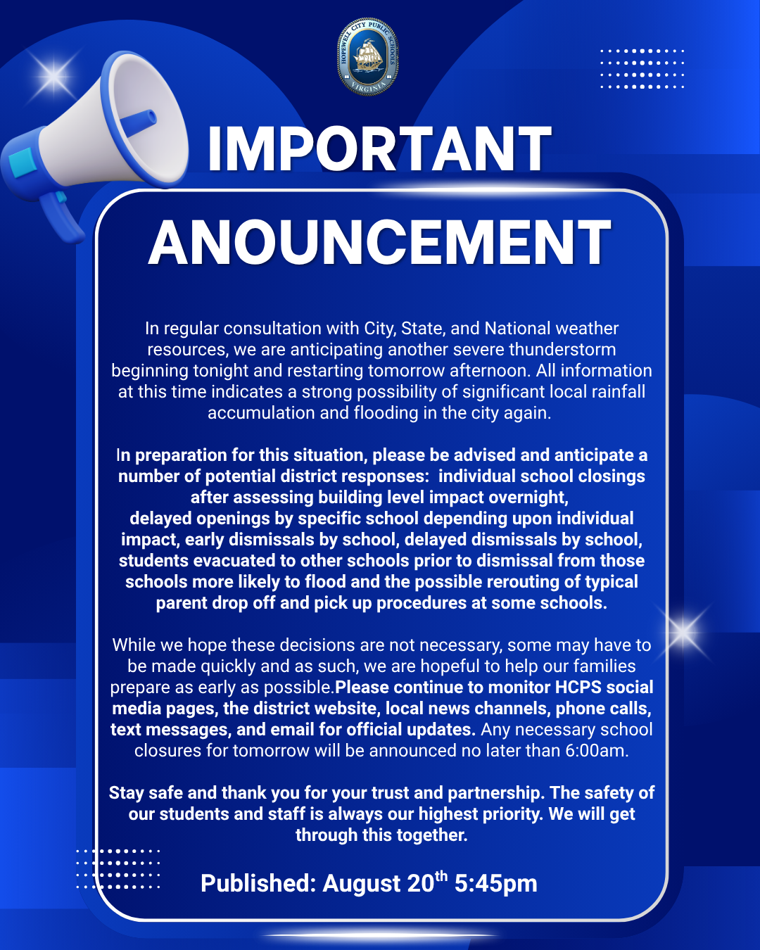 Important: HCPS Weather Update