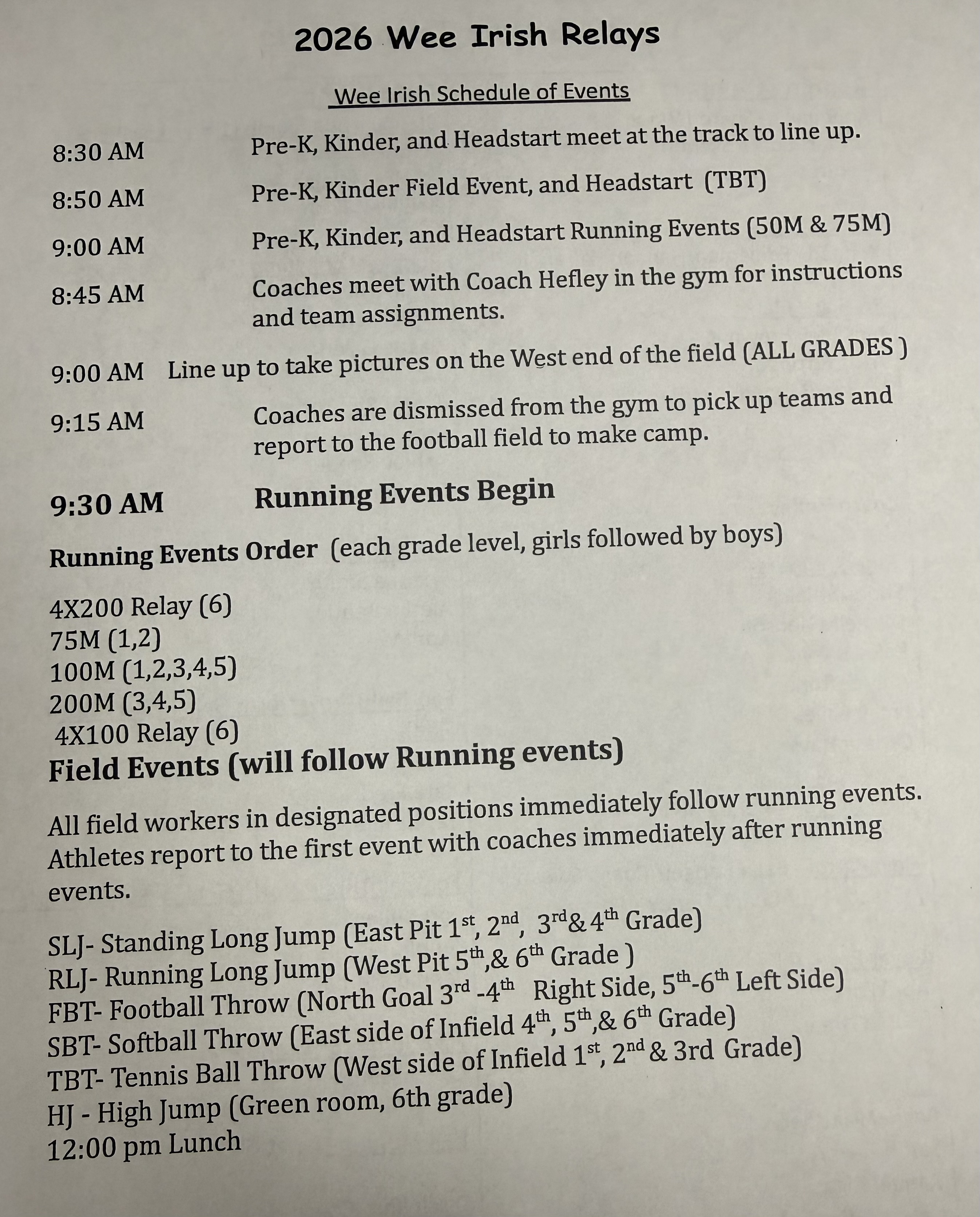 2026 Wee Irish Relay Schedule 