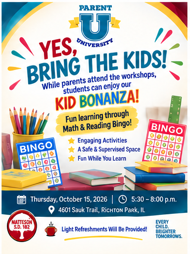 Parent University has something for the entire family! Join us Next Thursday, Oct. 15 at 5:30 PM!