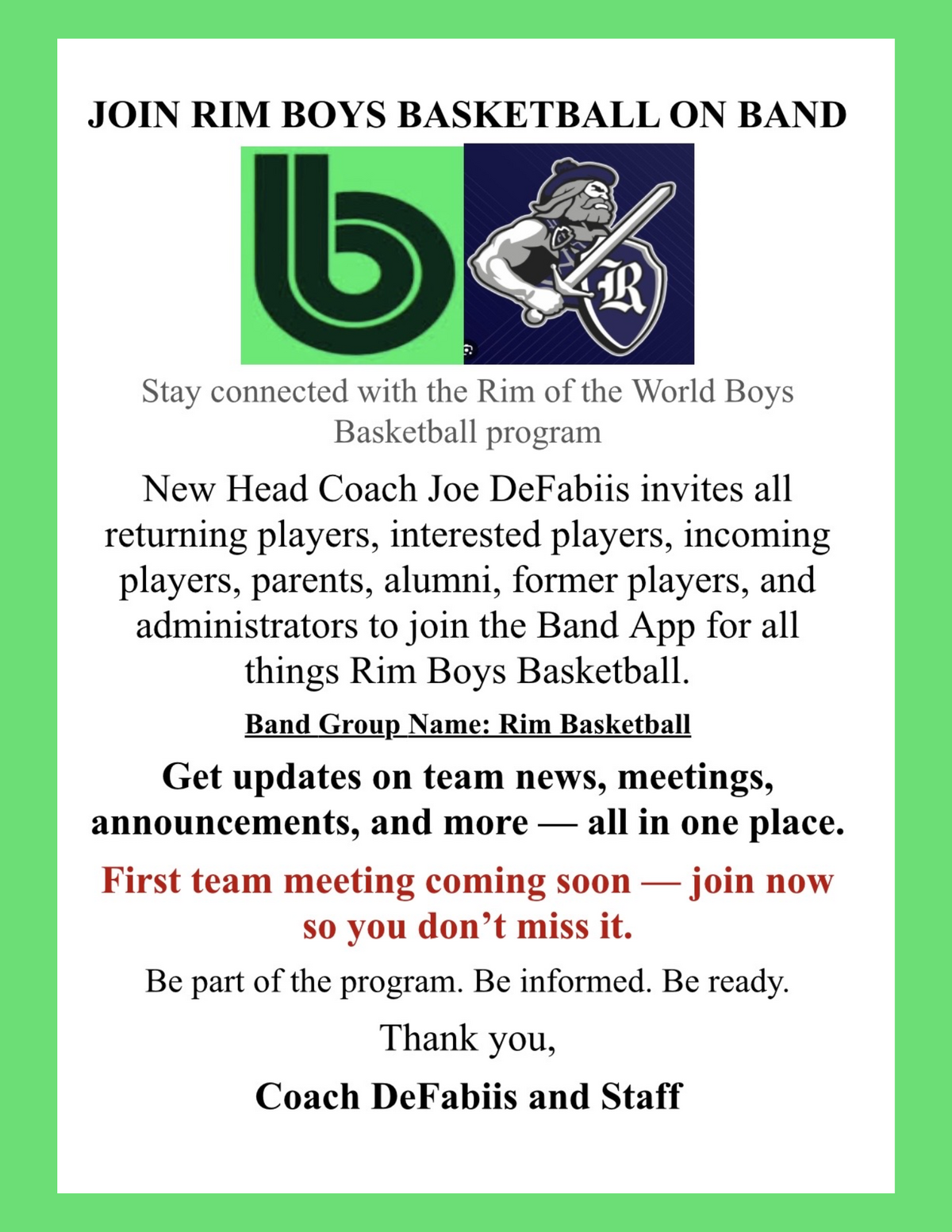  Current High School and Incoming 9th Grade Students: Join RIM Boys Basketball On Band 
