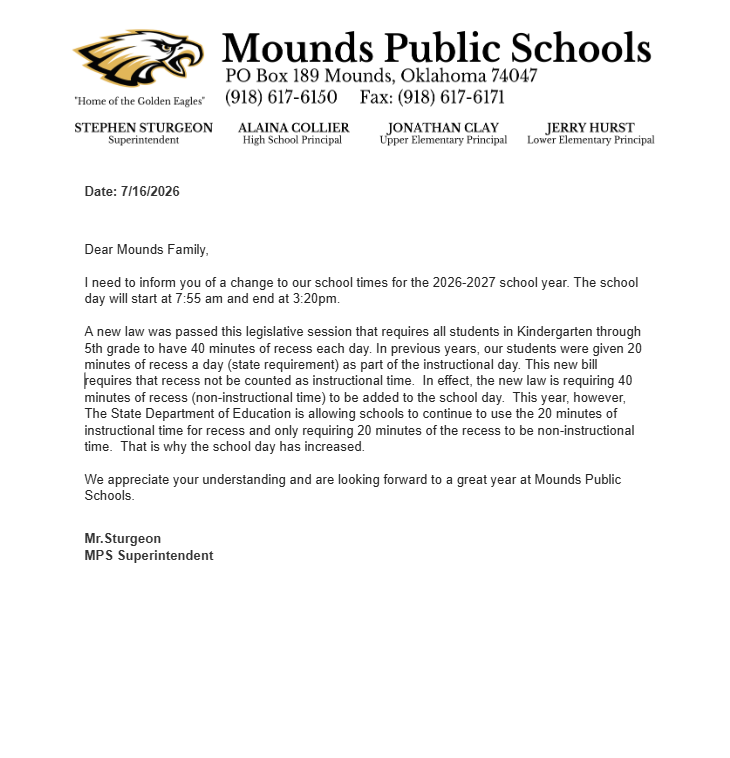 A Letter From the Superintendent's Desk: School Time Changes