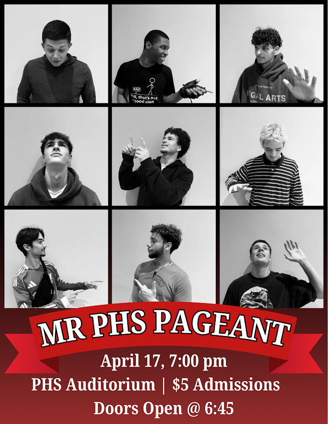 Nine young men are featured in a grid layout, promoting the 'MR PHS PAGEANT' event.