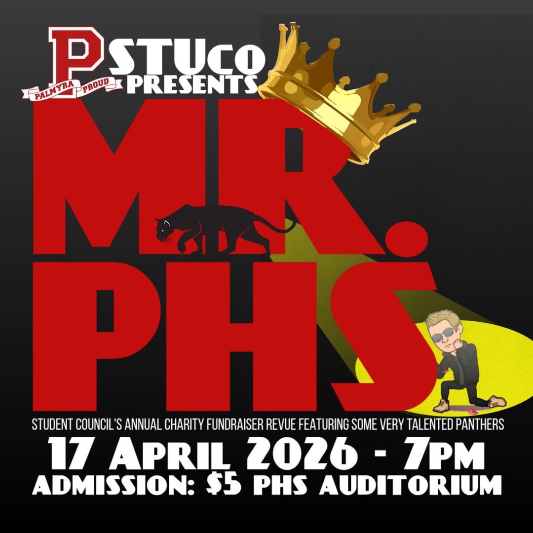Poster for "Mr. PHS," a charity fundraiser revue by the Student Council, featuring talented Panthers. Includes date, time, admission cost, and location.