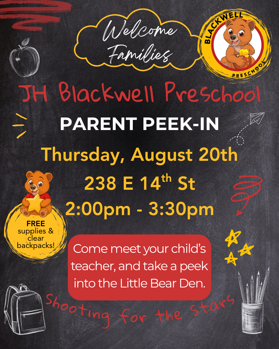 Parent Peek-In Open House Thursday, August 20th from 2:00-3:30pm