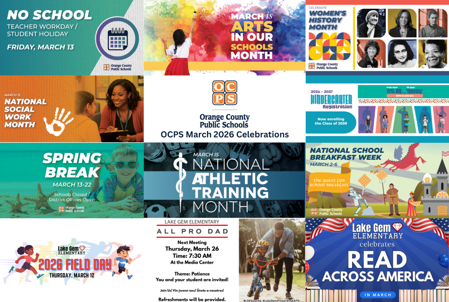 A collage of Orange County Public Schools announcements for March 2026, including 'No School,' 'Arts in Our Schools Month,' and 'Kindergarten Registration.'
