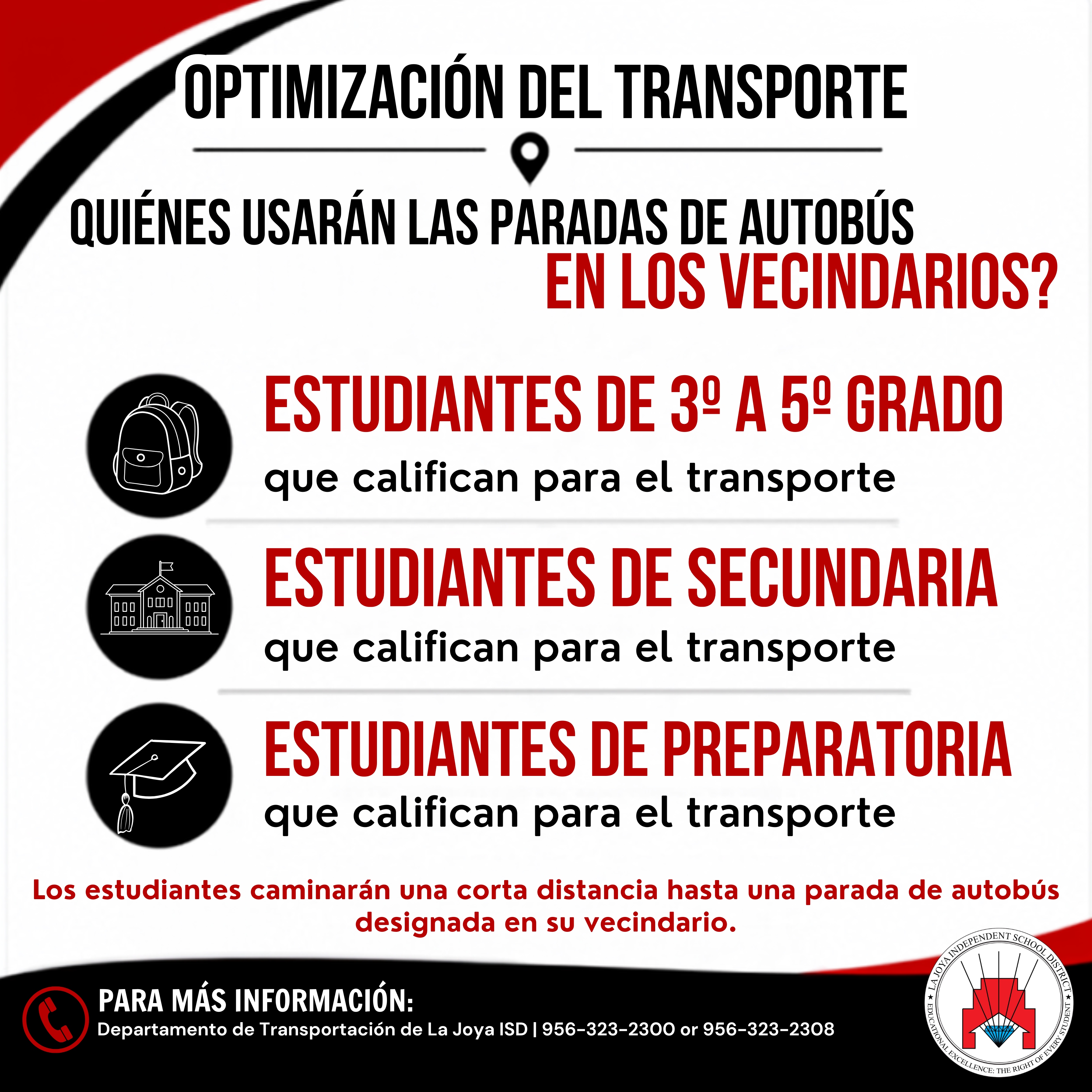 Infographic detailing transportation optimization for students in grades 3-12, outlining eligibility for bus stops.