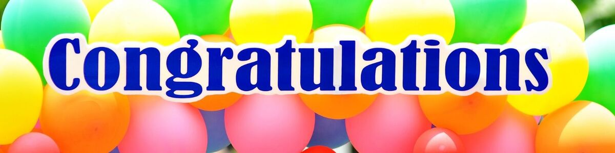 A banner with the word 'Congratulations' in blue letters on a white background, surrounded by colorful balloons.