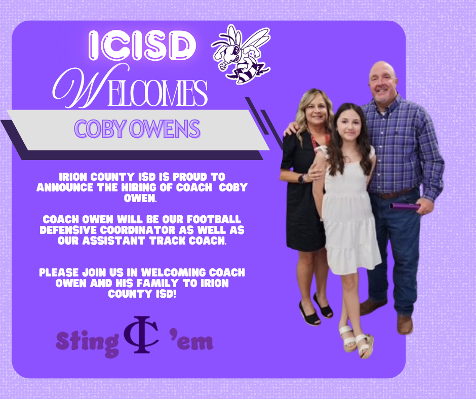 ICISD welcomes Coby Owens, announcing his hiring as Football Defensive Coordinator and Assistant Track Coach.