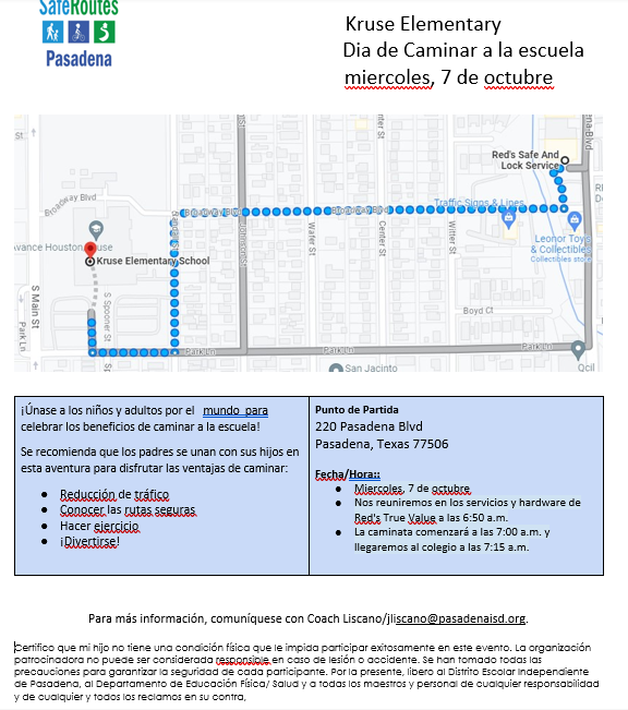 A flyer for Kruse Elementary's 'Dia de Caminar a la escuela' event on Wednesday, October 7, featuring a map of the walking route.