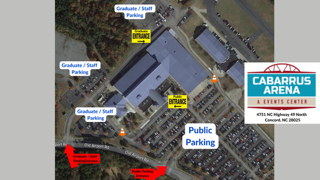 Aerial map showing parking and entrances for the Cabarrus Arena & Events Center.