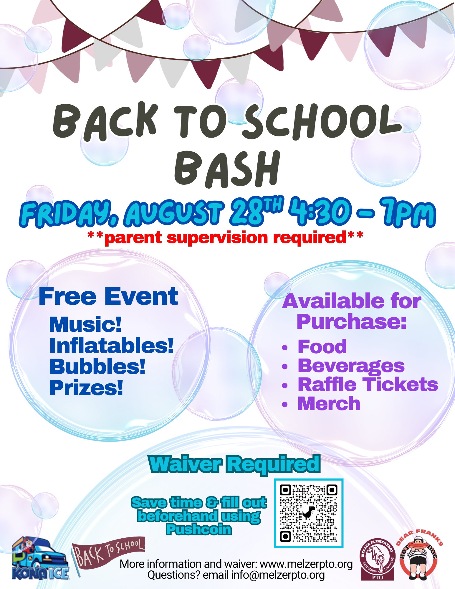 Poster for a 'Back to School Bash' event on Friday, August 28th, from 4:30 PM to 7 PM, requiring parent supervision.