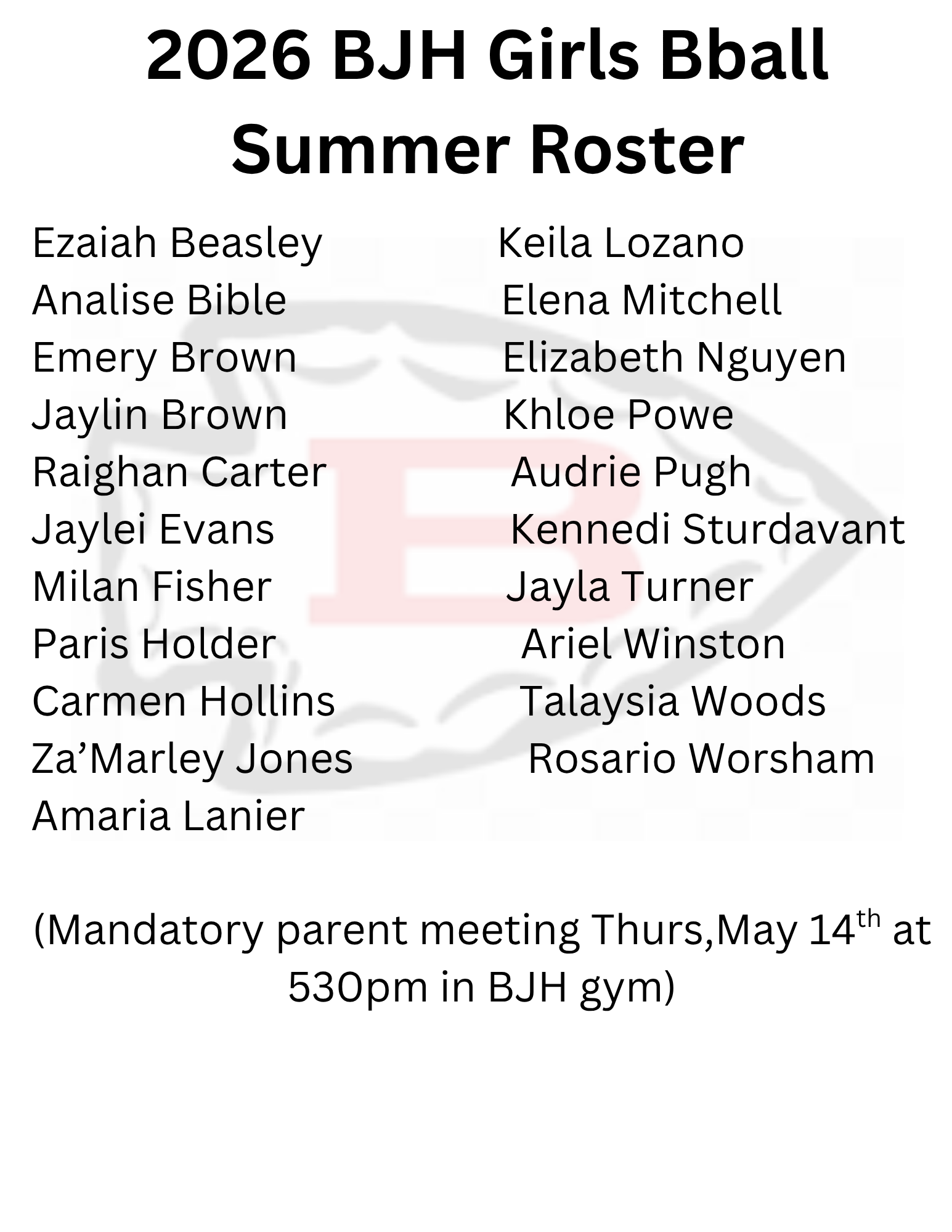 Girls Basketball Summer Roster