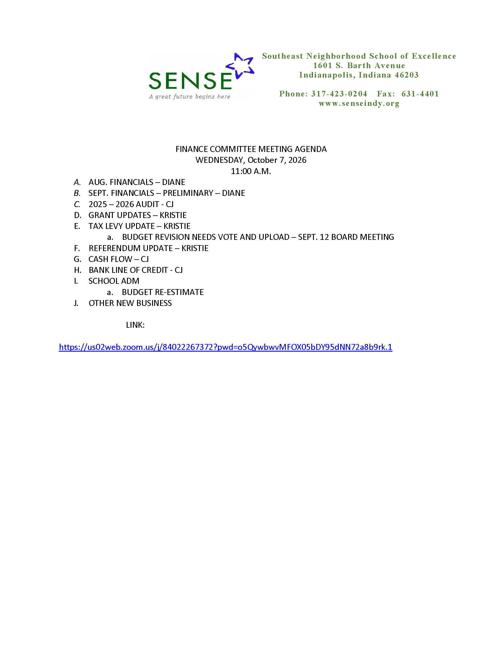 FINANCE COMMITTEE MEETING AGENDA FOR WEDNESDAY, 10/7