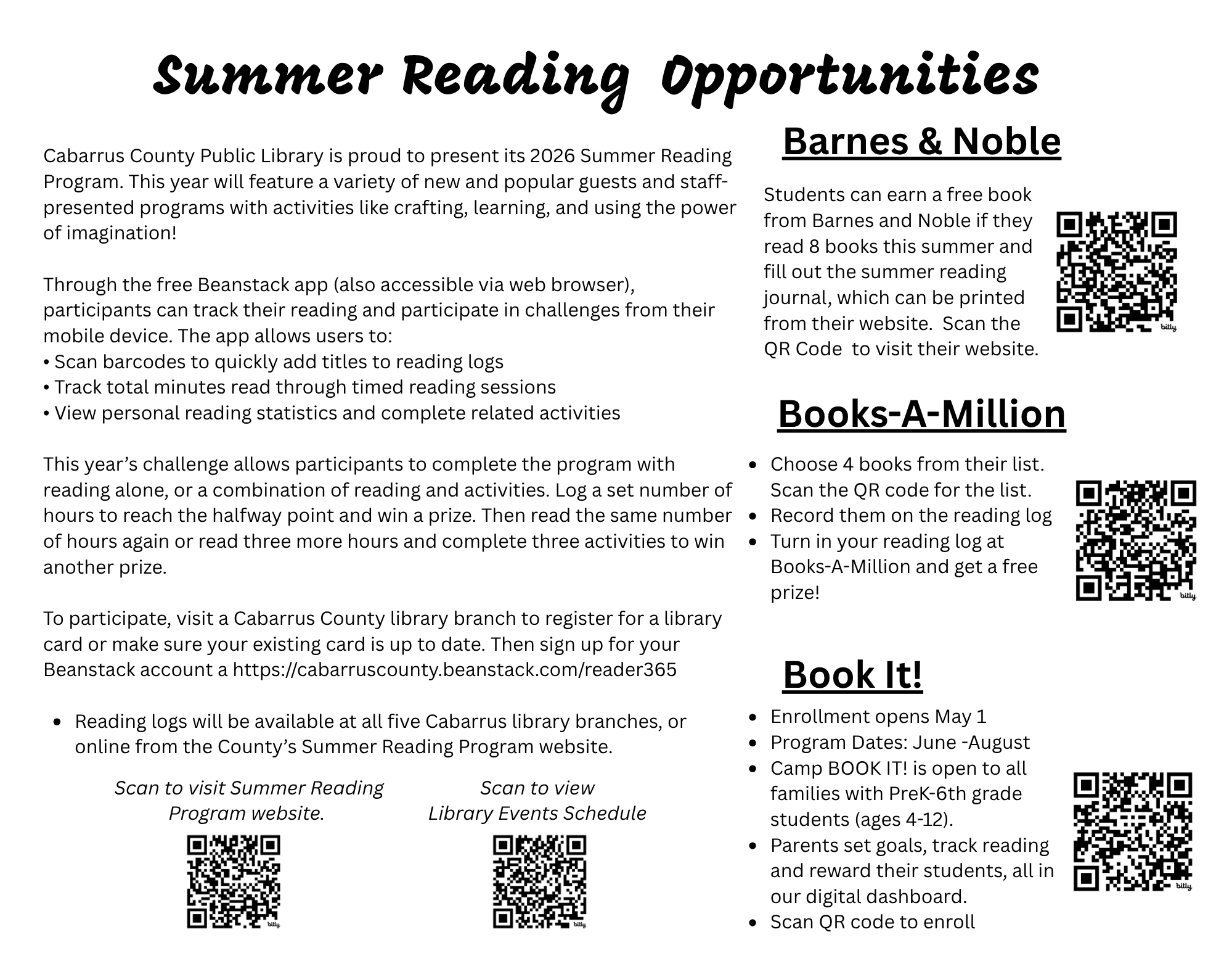 Flyer outlining 2026 summer reading programs for Cabarrus County Public Library, Barnes & Noble, Books-A-Million, and Camp Book It. Full details are listed in the main text below.