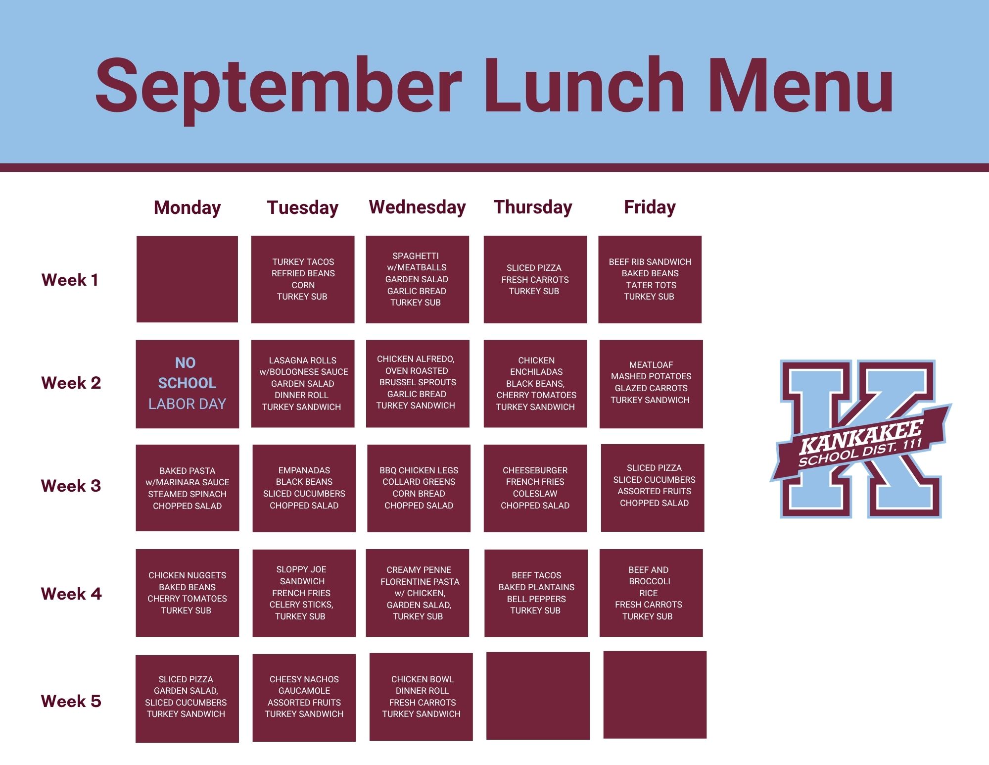 A September school lunch menu for Kankakee School District 111, detailing meals for weeks one through five.