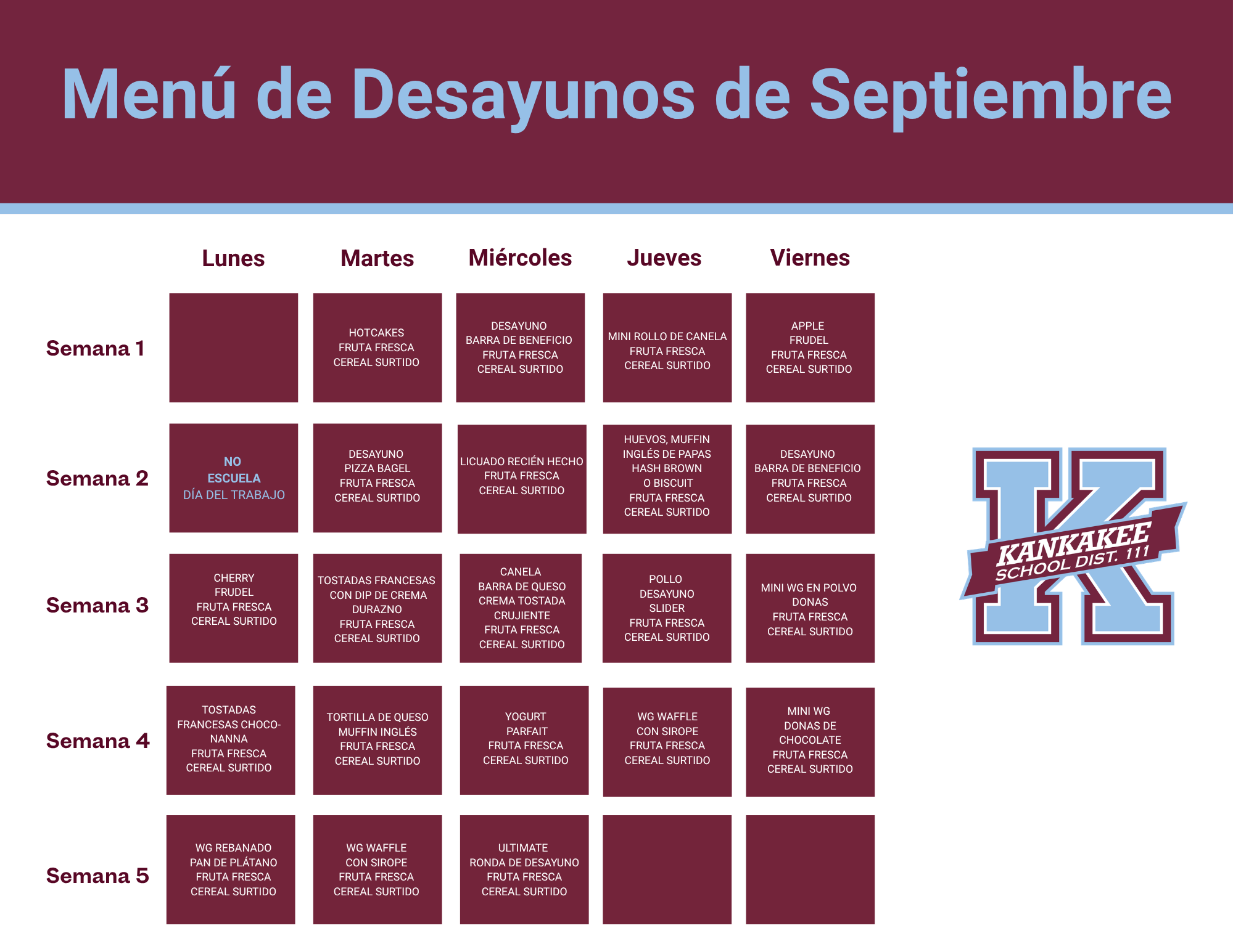 A school breakfast menu for September in Spanish, organized in a grid by days of the week and five weeks.