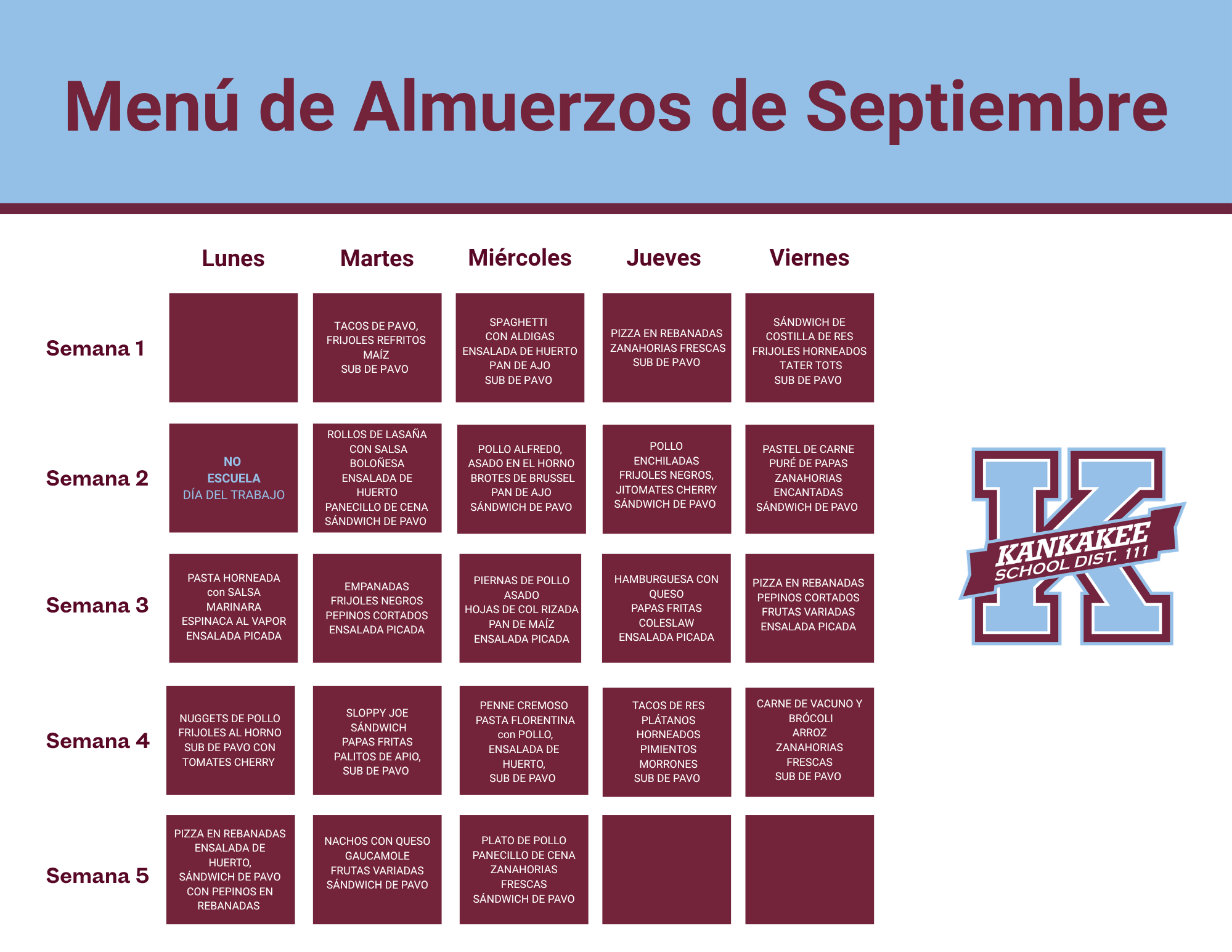 A September school lunch menu in Spanish, organized in a grid by weeks and days from Monday to Friday.
