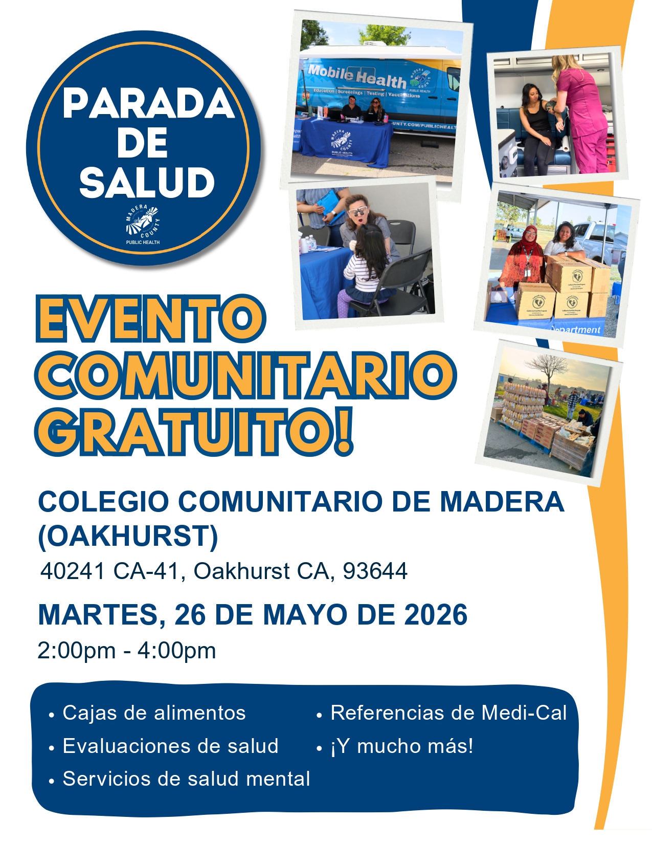 Poster announces a free community health event called 'Parada de Salud' at Madera Community College (Oakhurst) on Tuesday, May 26, 2026.