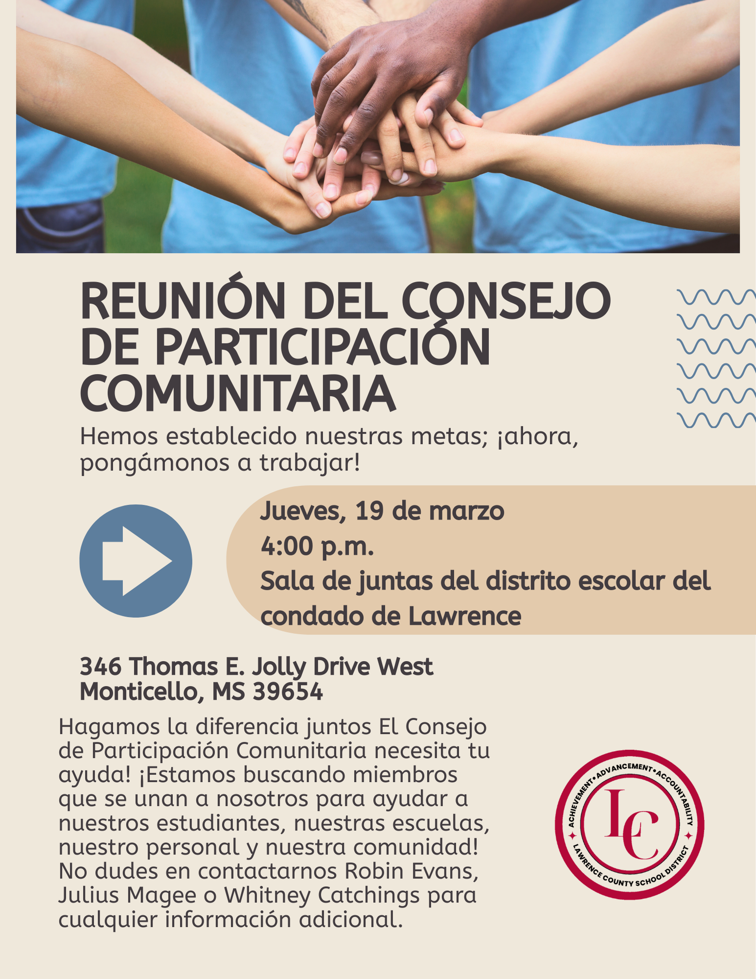 Image shows a flyer for a Community Participation Council meeting with hands stacked in unity at the top.