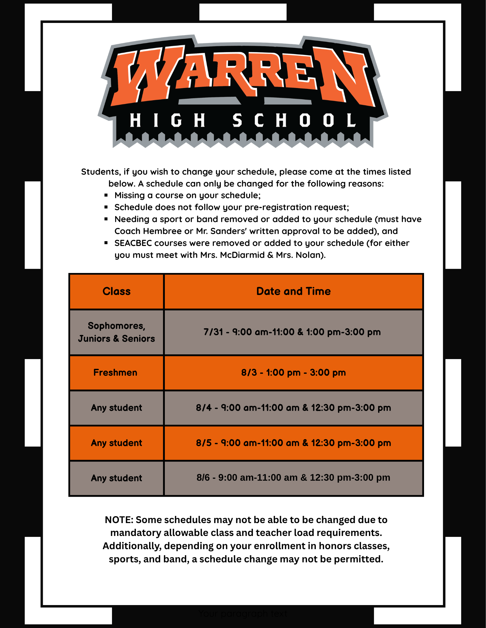 WHS: Schedule change schedule
