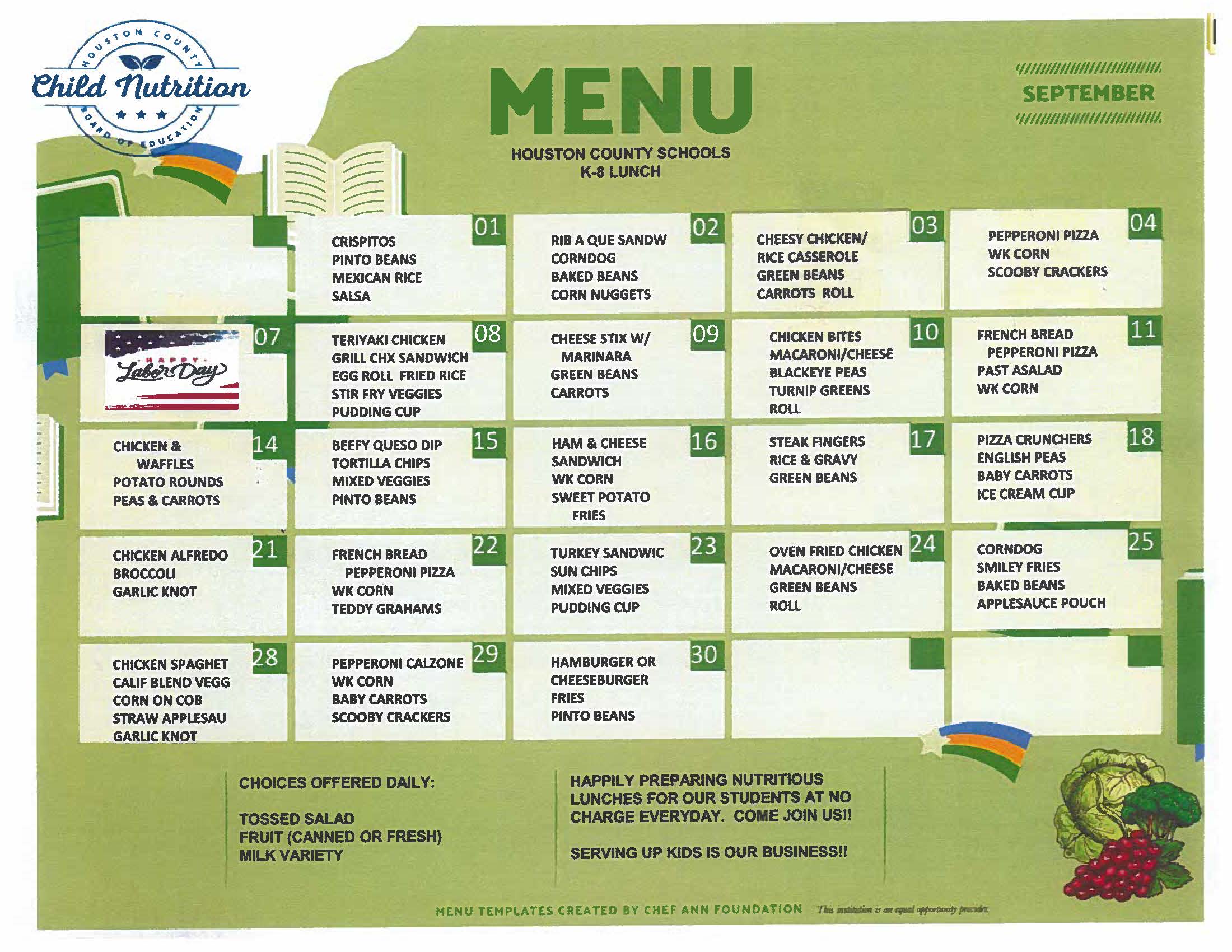 A September K-8 lunch menu for Houston County Schools displays daily meal options.