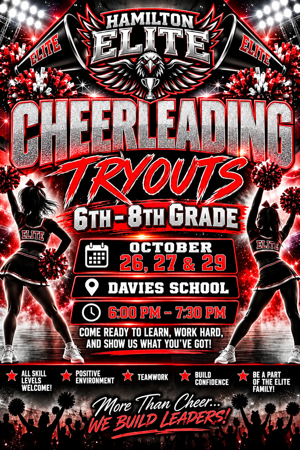 A promotional poster for Hamilton Elite Cheerleading Tryouts for 6th-8th grade, featuring red and black graphics, cheerleaders, and event details.